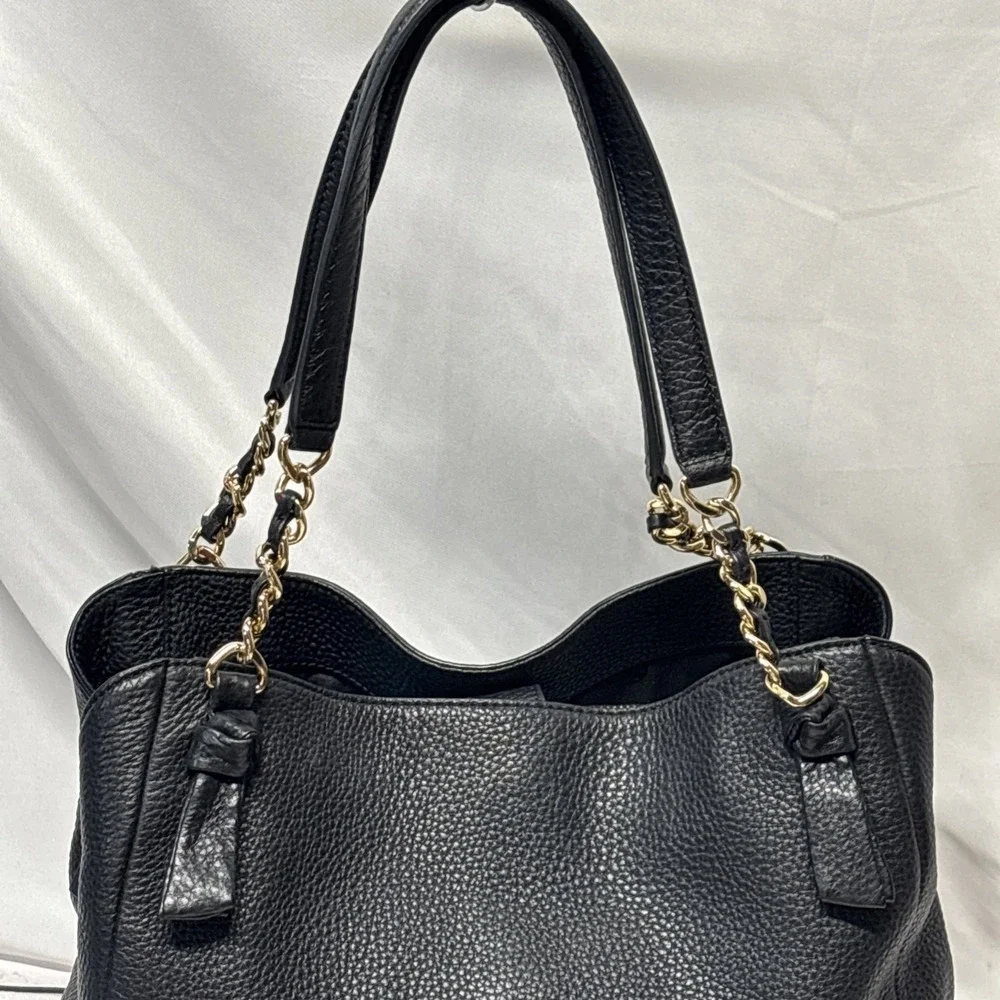Tory Burch Harper Tote Bag Black Excellent Pebbled Leather Gold Chain Logo